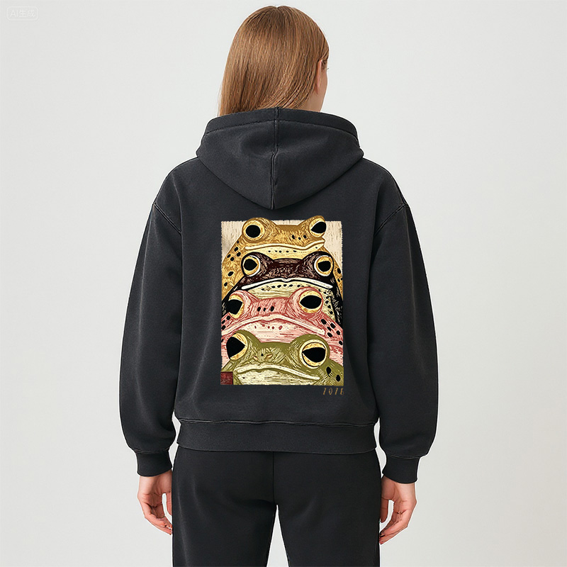 Tokyocanvas Whimsical Multi Colored Frog Art Washed Zip Hoodie