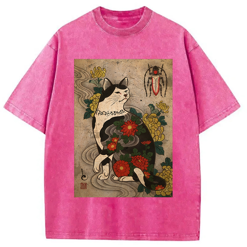 Tokyocanvas Cat Tattoo Floral Washed T-Shirt
