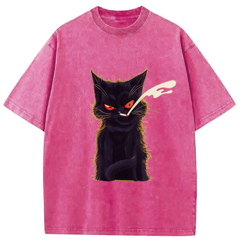 Tokyocanvas Funny Smoking Black Cat Face Washed T-Shirt
