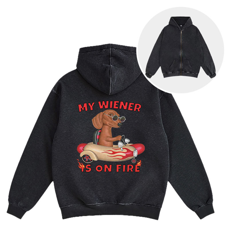 Tokyocanvas My Wiener Is On Fire Funny Dog Washed Zip Hoodie