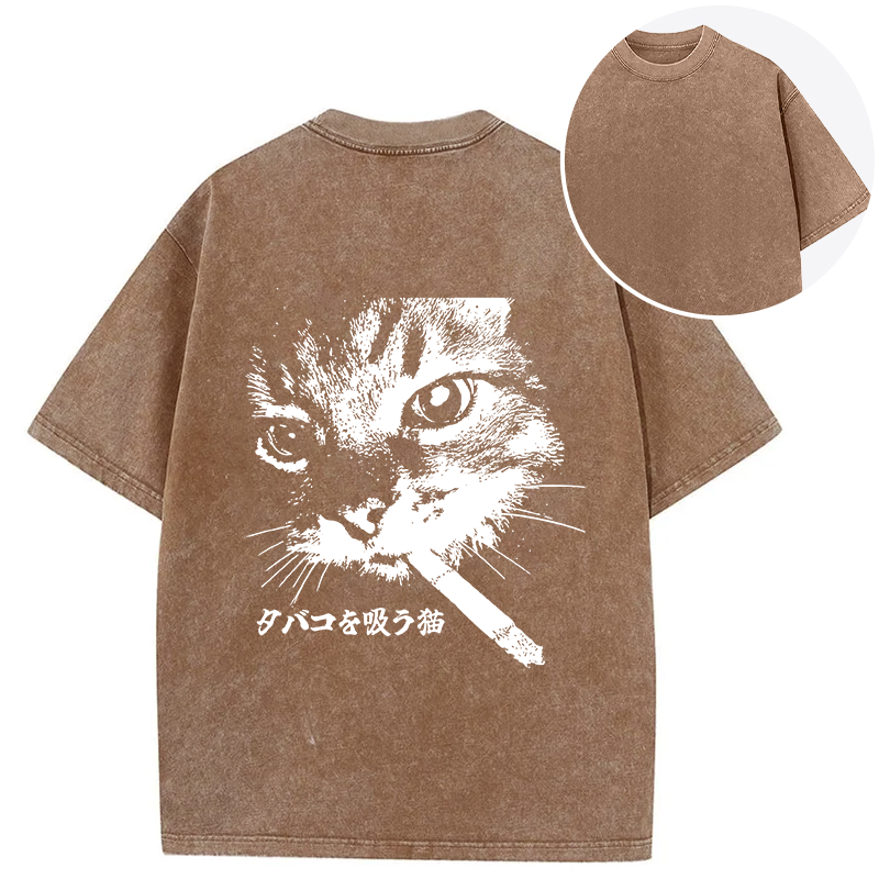 Tokyocanvas Retro Cat Smoking Back Washed T-Shirt