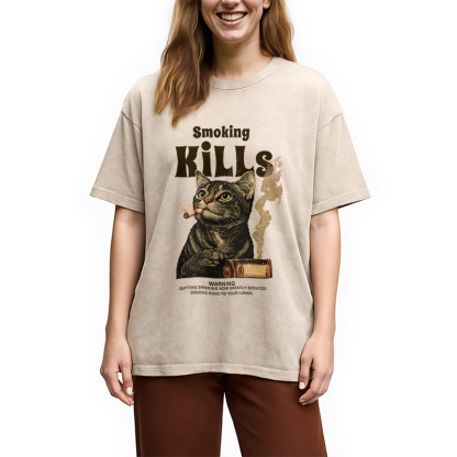 Tokyocanvas Smoking Mills Cat Meme Washed T-Shirt