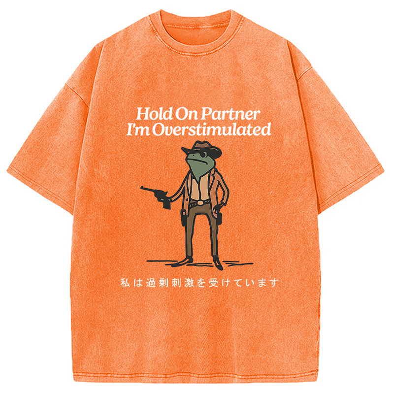 Tokyocanvas Hold On Partner I'm Overstimulated Washed T-Shirt