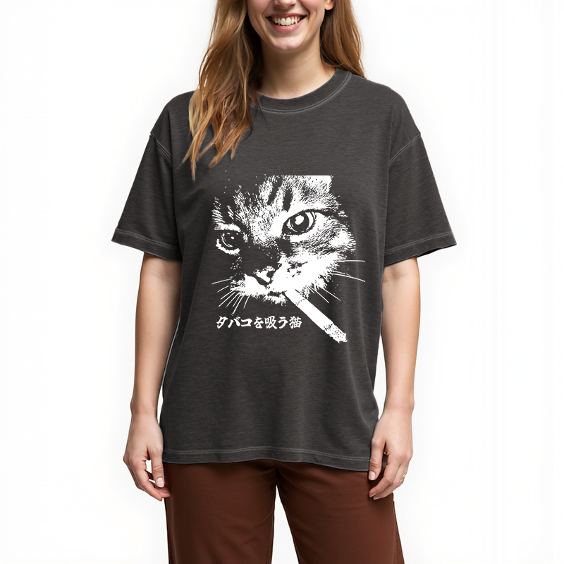 Tokyocanvas Retro Cat Smoking Gradient Washed T-Shirt