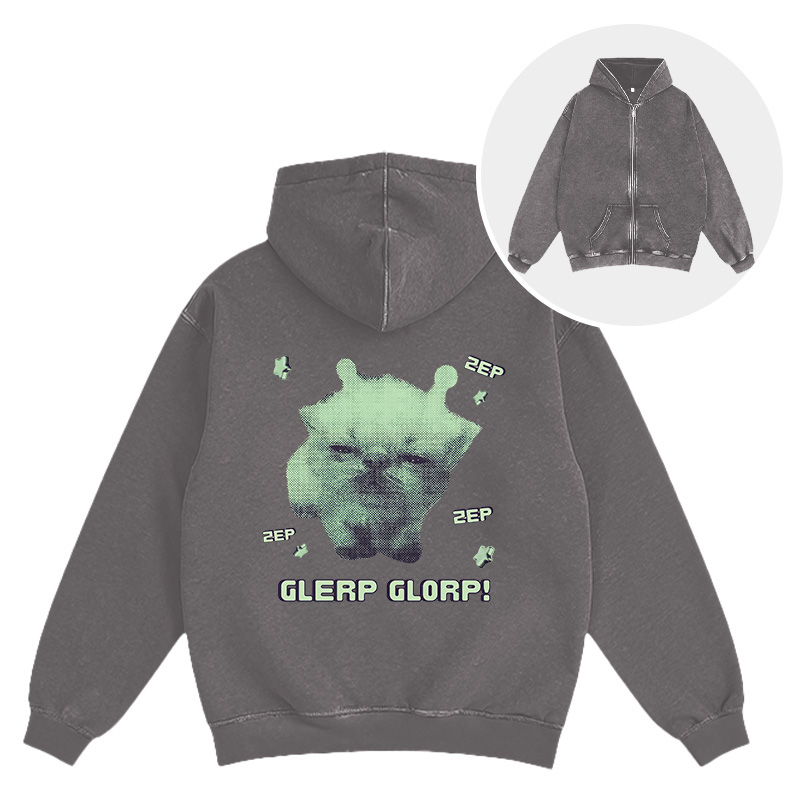 Tokyocanvas Sleepy Glerp Glorp Funny Cat Meme Washed Zip Hoodie