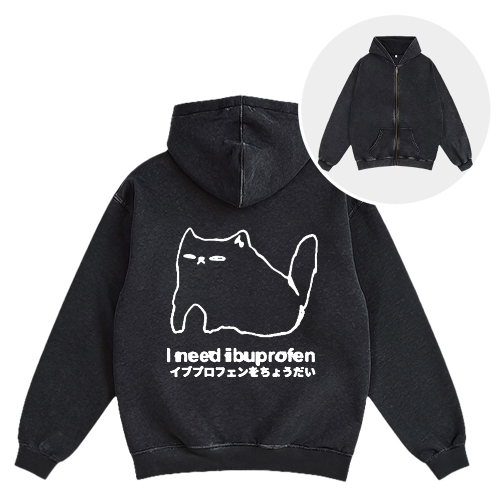 Tokyocanvas I Need Ibuprofen Cat Washed Zip Hoodie