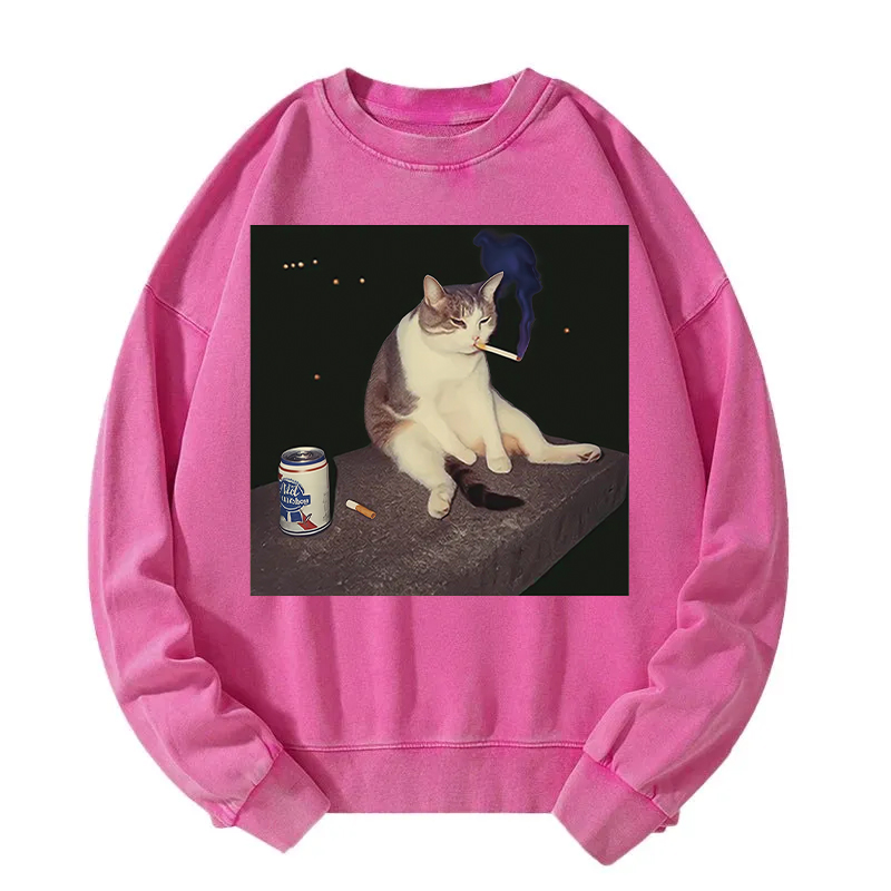 Tokyocanvas Cigarette Kitten Funny Smoking Cat Meme Washed Sweatshirt