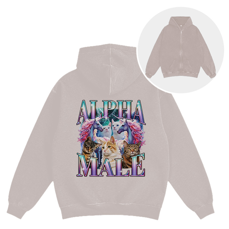 Tokyocanvas Alpha Male Unicorn Cat Washed Zip Hoodie
