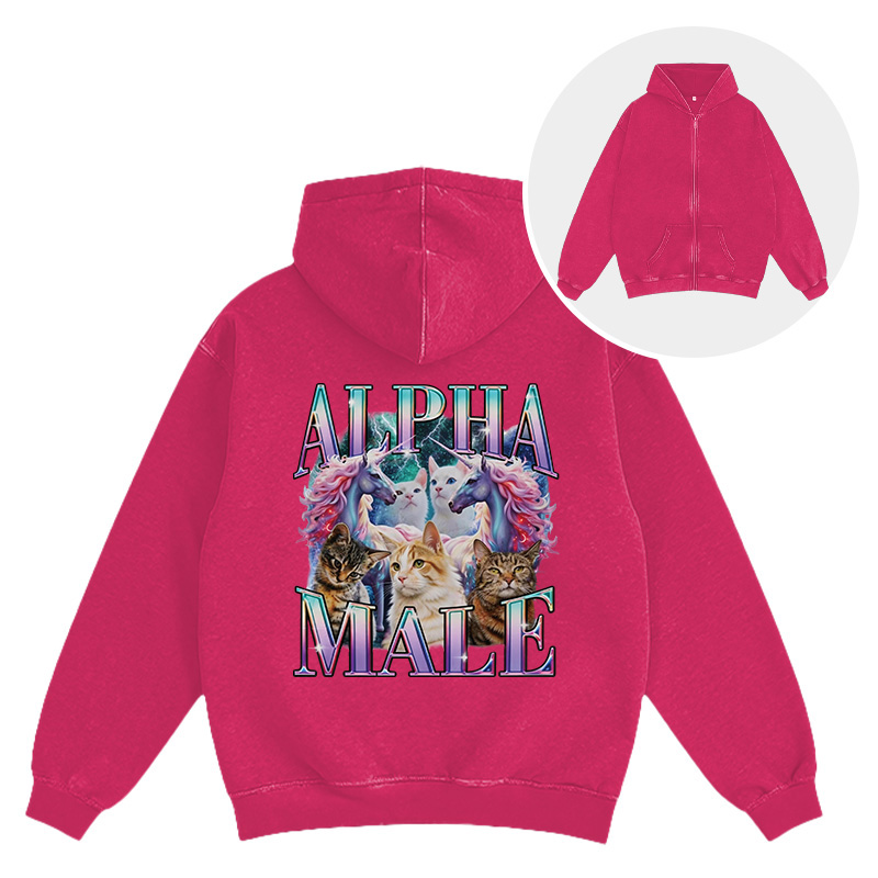 Tokyocanvas Alpha Male Unicorn Cat Washed Zip Hoodie