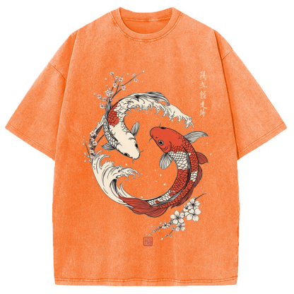 Tokyocanvas Koi Fish Cherry Blossoms Japanese Washed T-Shirt