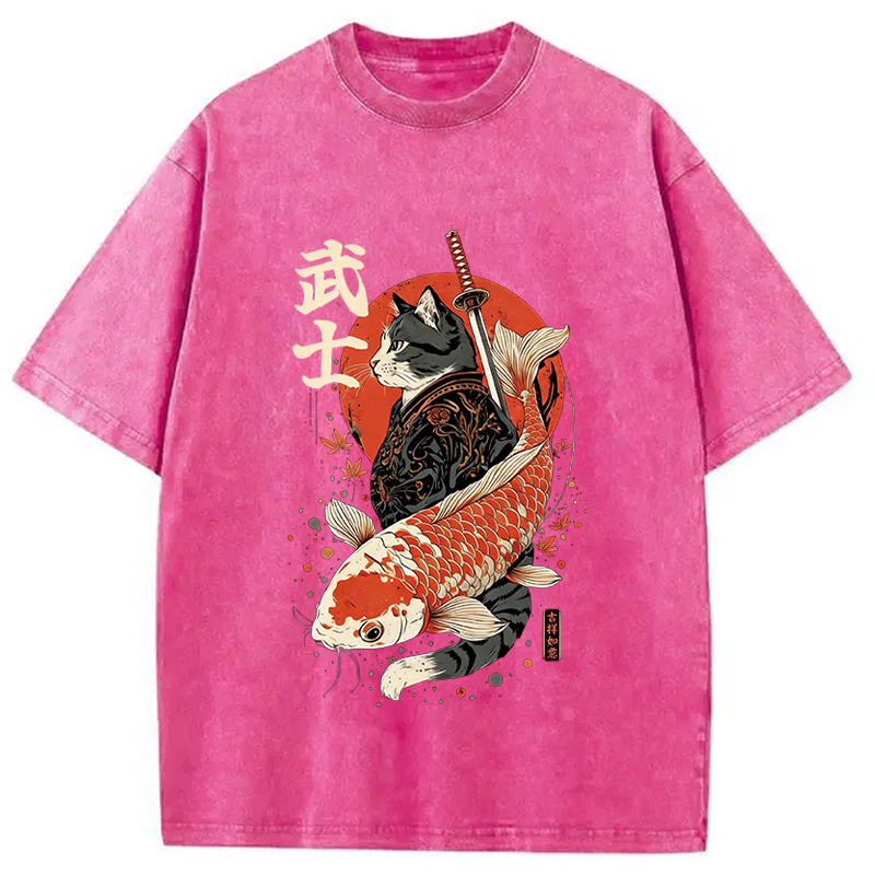 Tokyocanvas Samurai Cat And Koi Washed T-Shirt