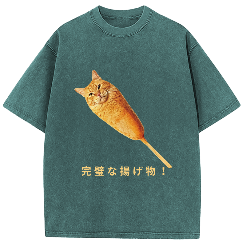 Tokyocanvas Orange Cat Hotdog Meme Washed T-Shirt