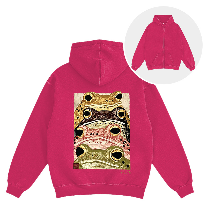 Tokyocanvas Whimsical Multi Colored Frog Art Washed Zip Hoodie
