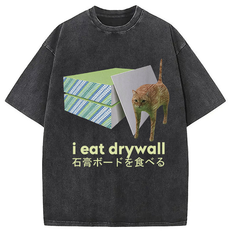 Tokyocanvas Eat Drywall Cat Meme Washed T-Shirt