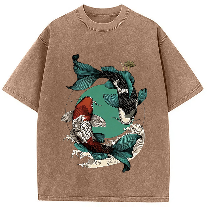 Tokyocanvas YinYang Koi Fish Zen Washed T-Shirt
