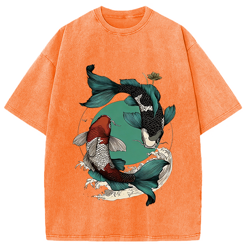 Tokyocanvas YinYang Koi Fish Zen Washed T-Shirt