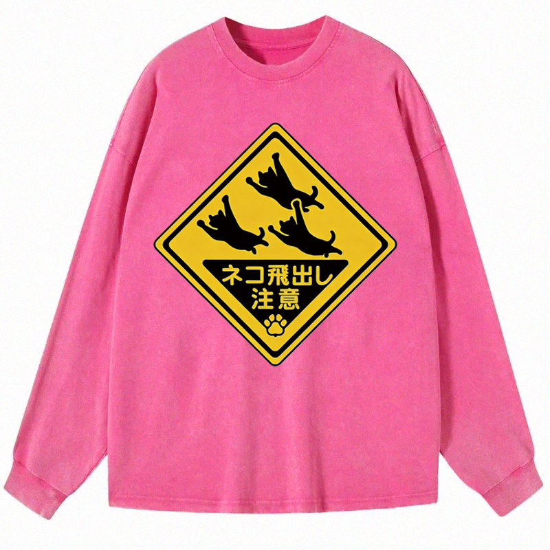 Tokyocanvas Cat Jumping Out Long Sleeve Washed T-Shirt
