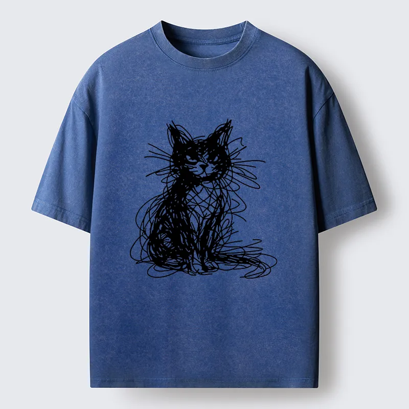 Tokyocanvas Funny Messy Line Cat Washed T-Shirt