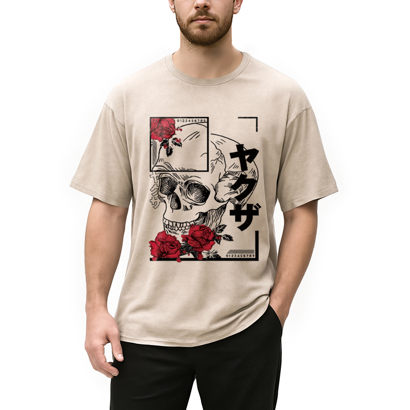 Tokyocanvas Skull Red Roses Washed T-Shirt