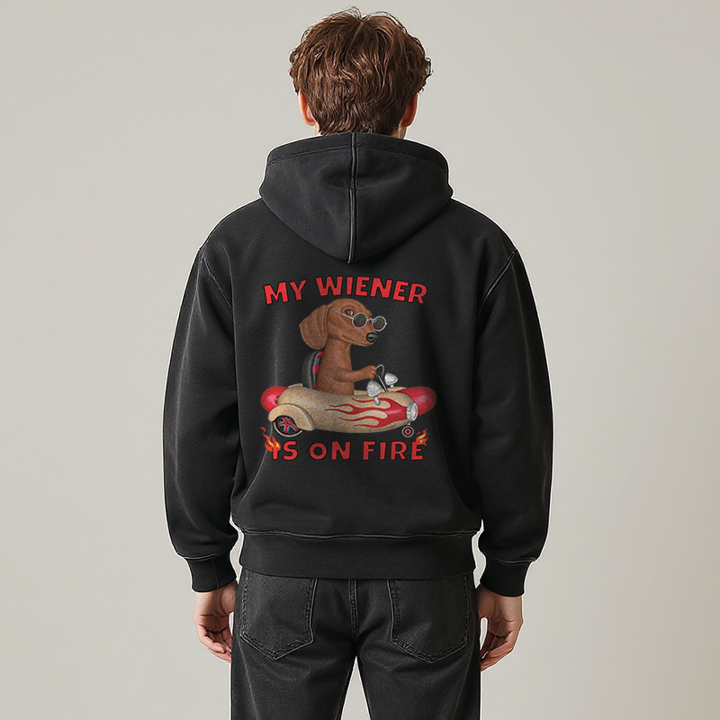 Tokyocanvas My Wiener Is On Fire Funny Dog Washed Zip Hoodie