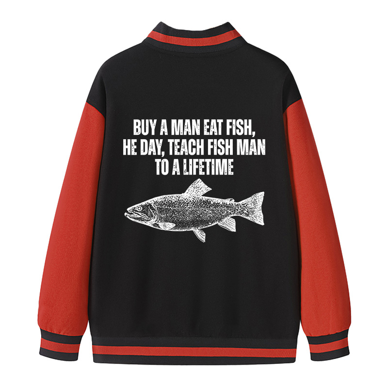 Tokyocanvas Buy a Man Eat Fish Funny Meme Varsity Jacket