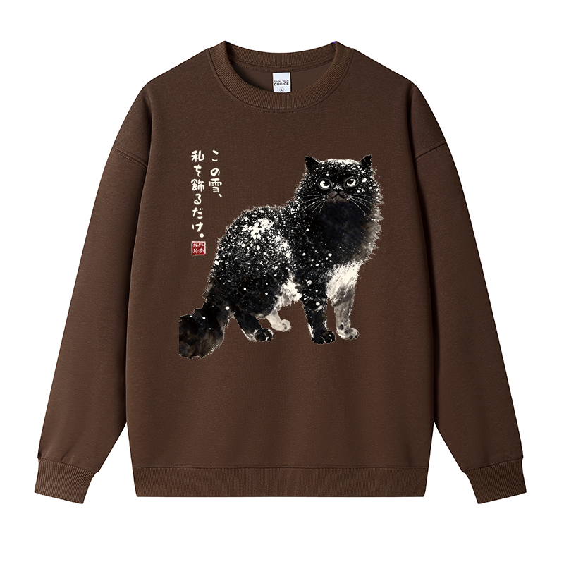 Tokyocanvas Black Cat Adorned by Snow Fleece Lined Sweatshirt