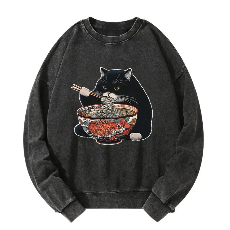 Tokyocanvas Fat Cat Eating Ramen Washed Sweatshirt