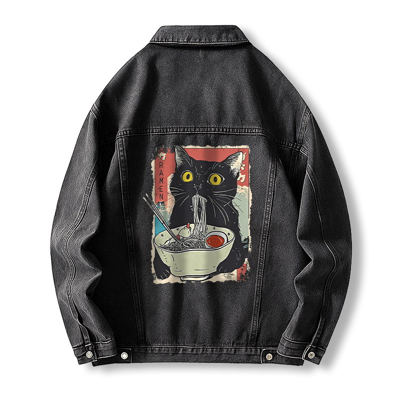 Tokyocanvas Cute Cat Eating Ramen Jean Jackets