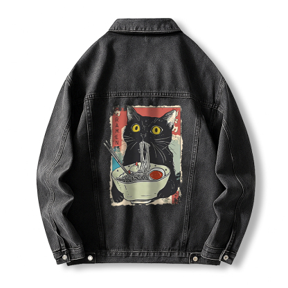 Tokyocanvas Cute Cat Eating Ramen Jean Jackets