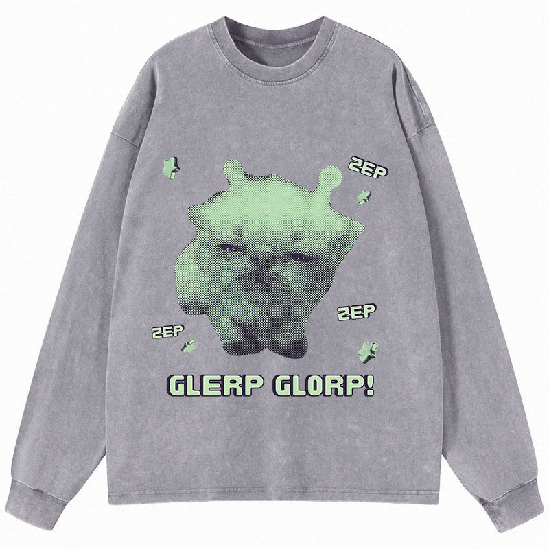 Tokyocanvas Sleepy Glerp Glorp Funny Cat Meme Long Sleeve Washed T-Shirt