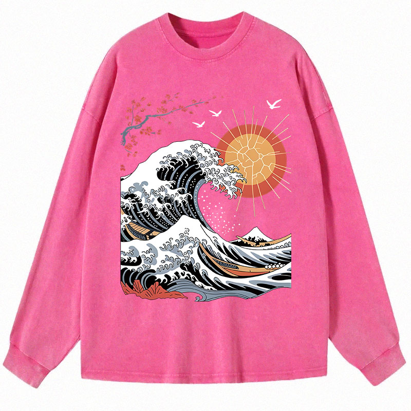 Tokyocanvas Ocean Sun Cherry Blossom Long Sleeve Washed T-Shirt