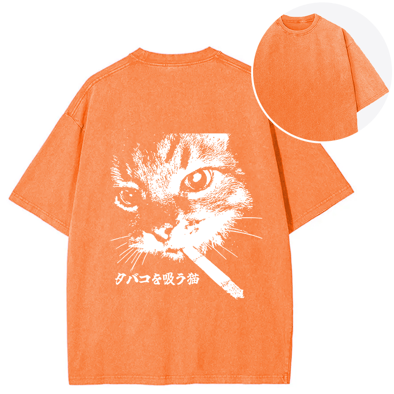Tokyocanvas Retro Cat Smoking Back Washed T-Shirt