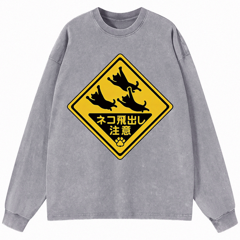 Tokyocanvas Cat Jumping Out Long Sleeve Washed T-Shirt