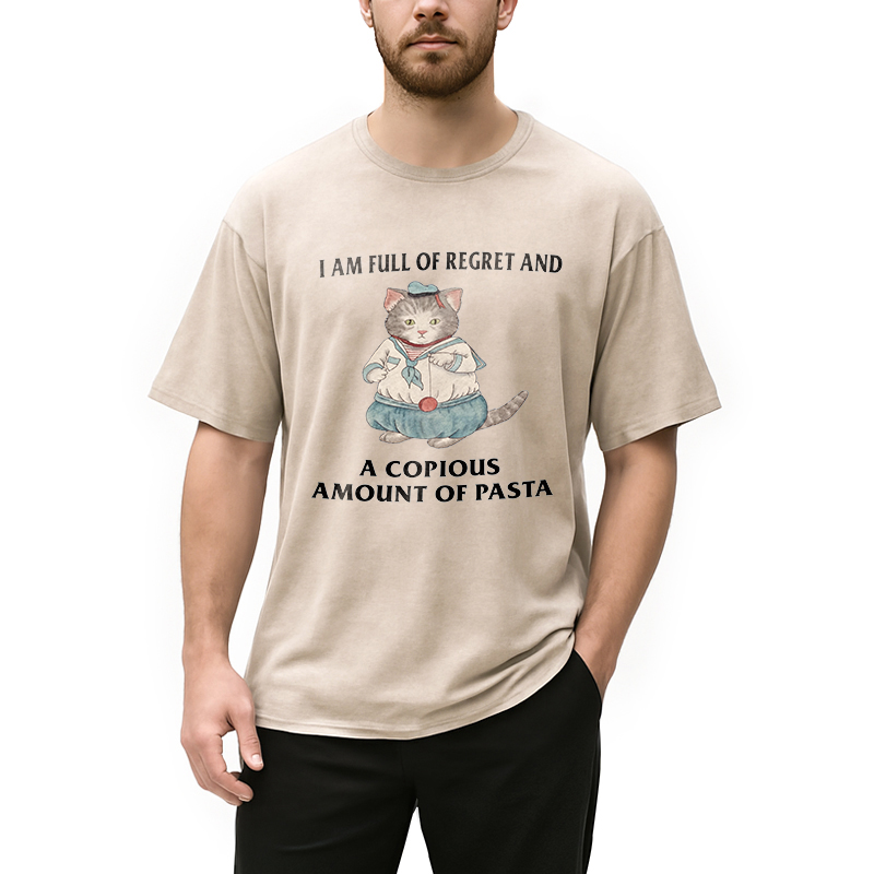 Tokyocanvas I Am Full Of Regret And A Copious Amount Of Pasta Cats Meme Washed T-Shirt