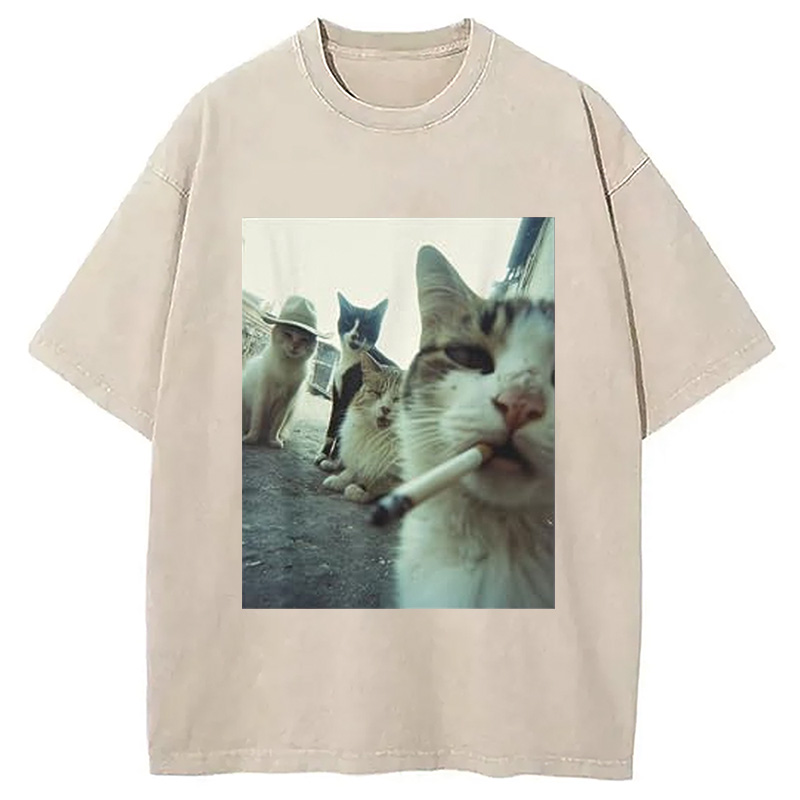 Tokyocanvas Smoking Cat Meme Funny Washed T-Shirt