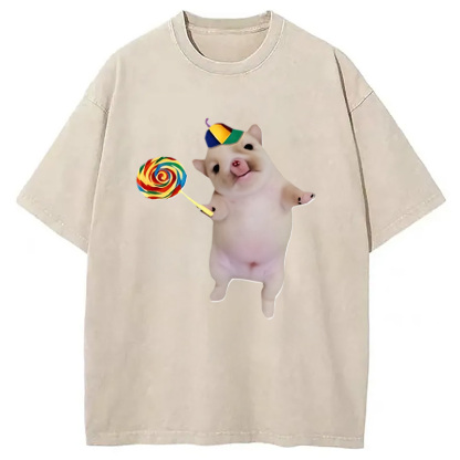 Tokyocanvas Funny Silly Dog with Lollipop Meme Washed T-Shirt