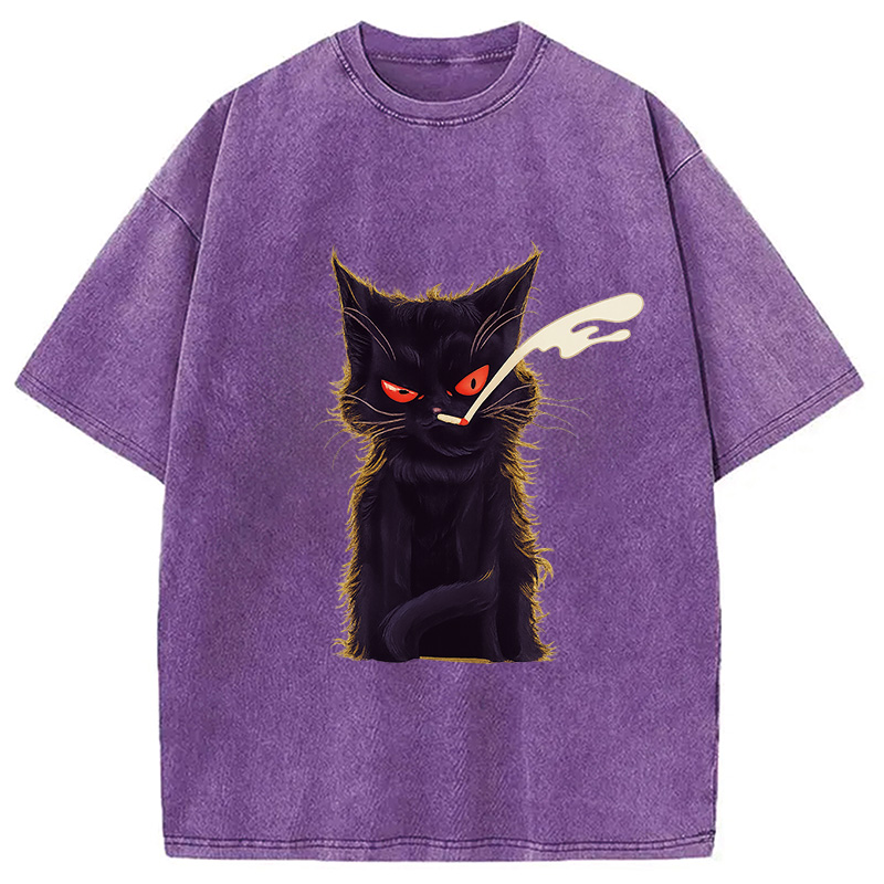Tokyocanvas Funny Smoking Black Cat Face Washed T-Shirt
