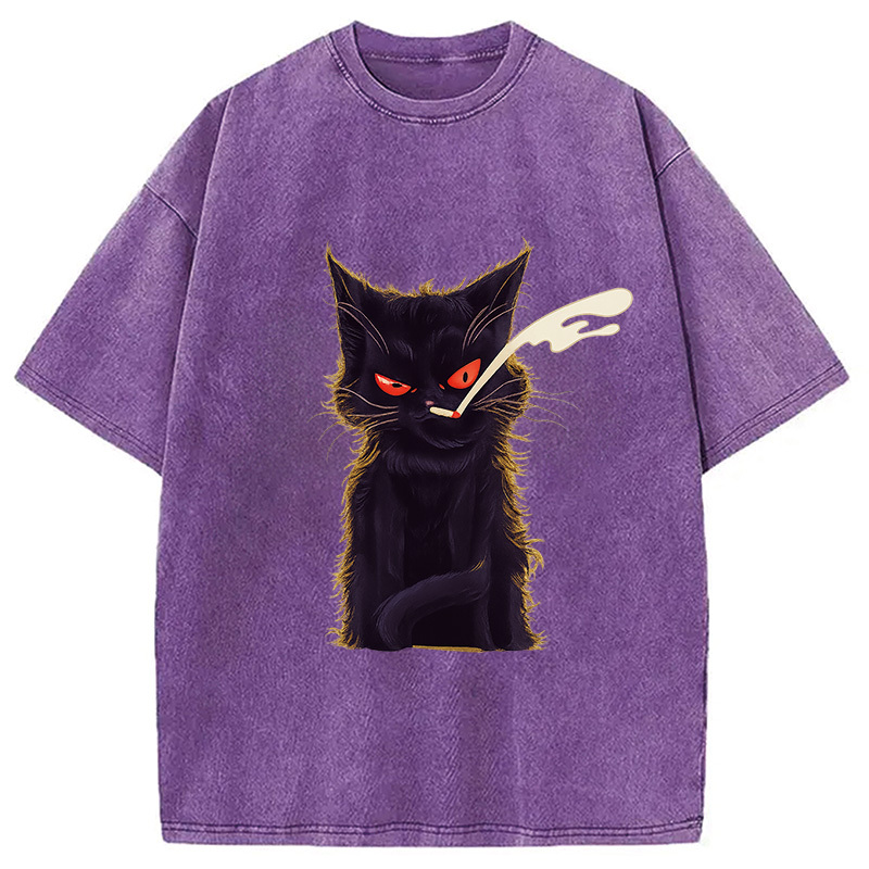 Tokyocanvas Funny Smoking Black Cat Face Washed T-Shirt