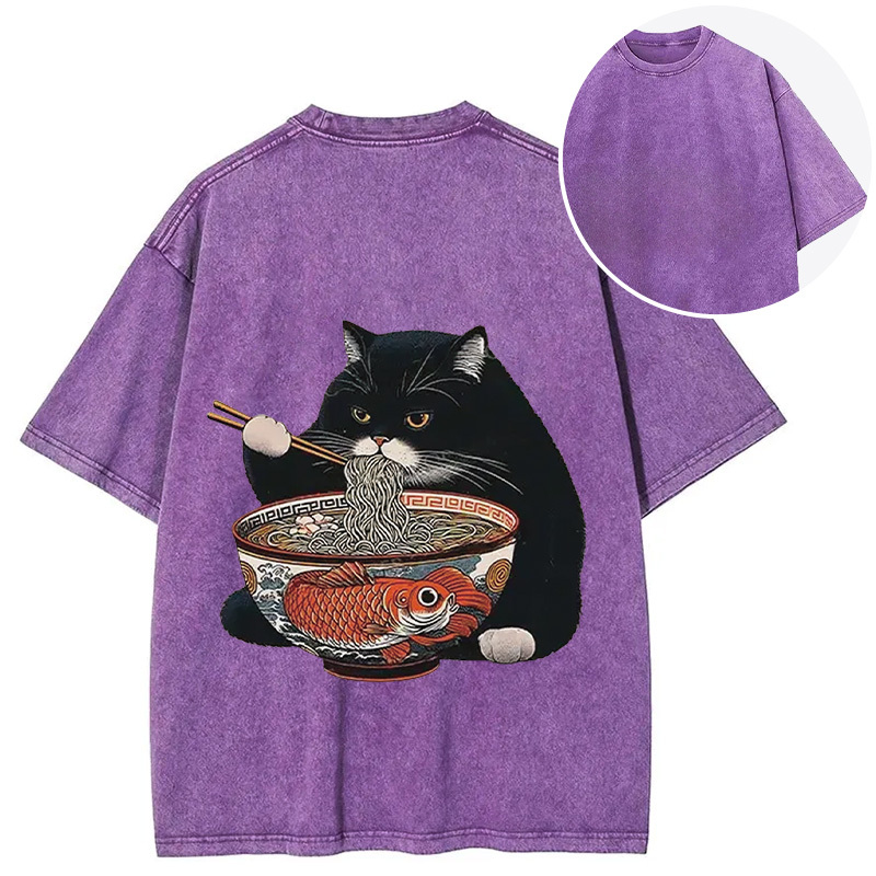 Tokyocanvas Fat Cat Eating Ramen Back Washed T-Shirt
