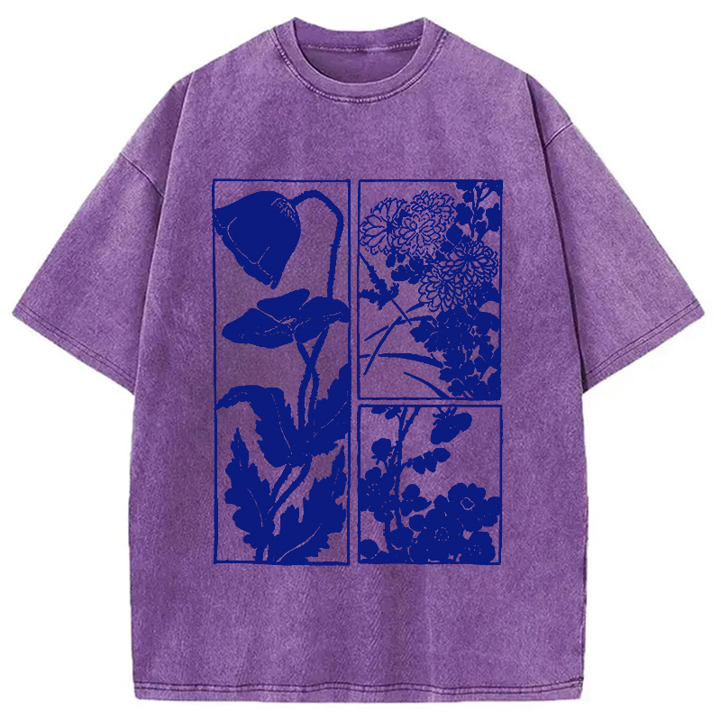 Tokyocanvas Woodcut Flowers Washed T-Shirt