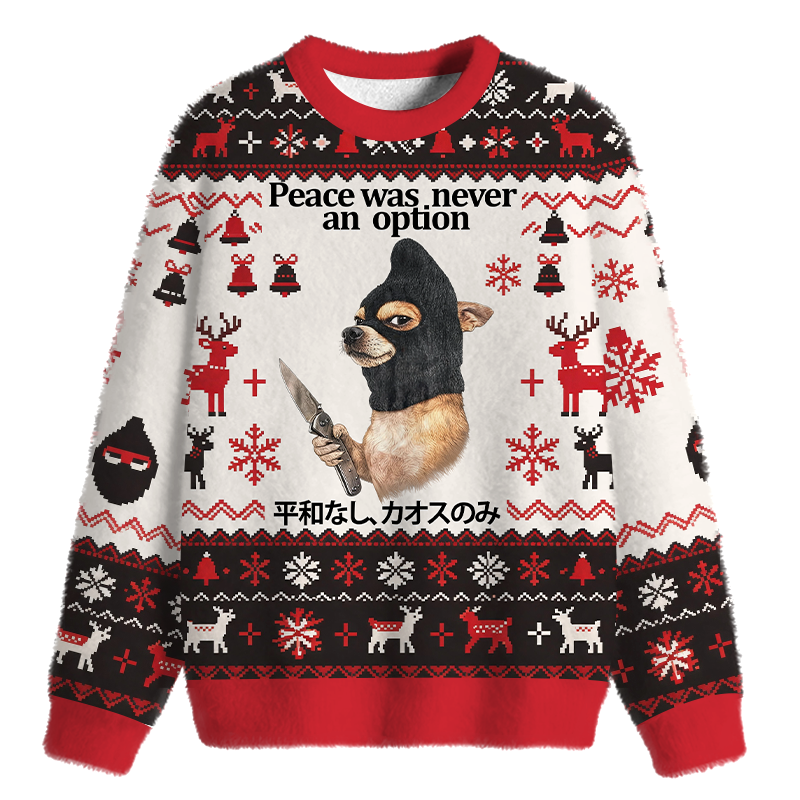 Tokyocanvas Funny Cursed Dog with Knife Fuzzy Christmas Ugly Sweatshirt