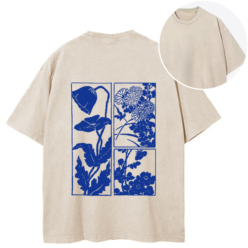 Tokyocanvas Woodcut Flowers Back Washed T-Shirt