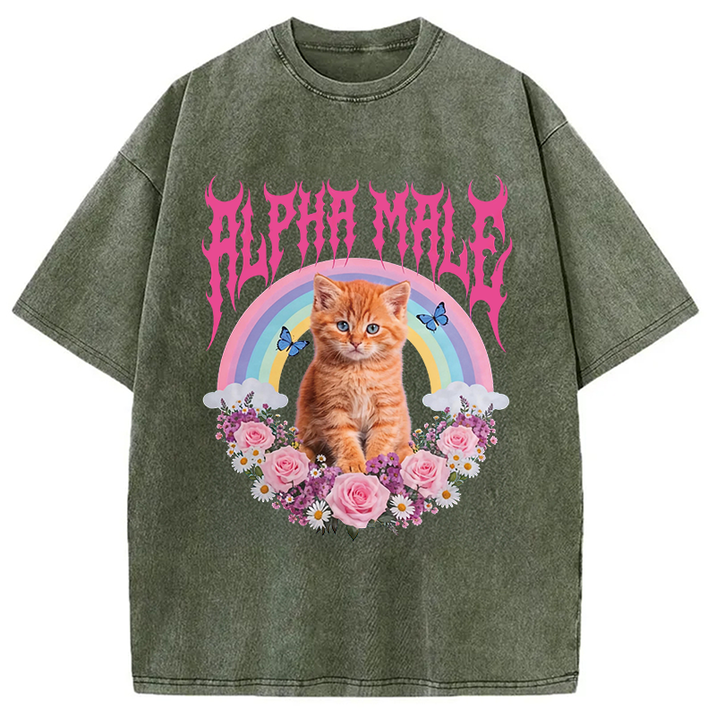 Tokyocanvas Alpha Male Funny Kitten Washed T-Shirt