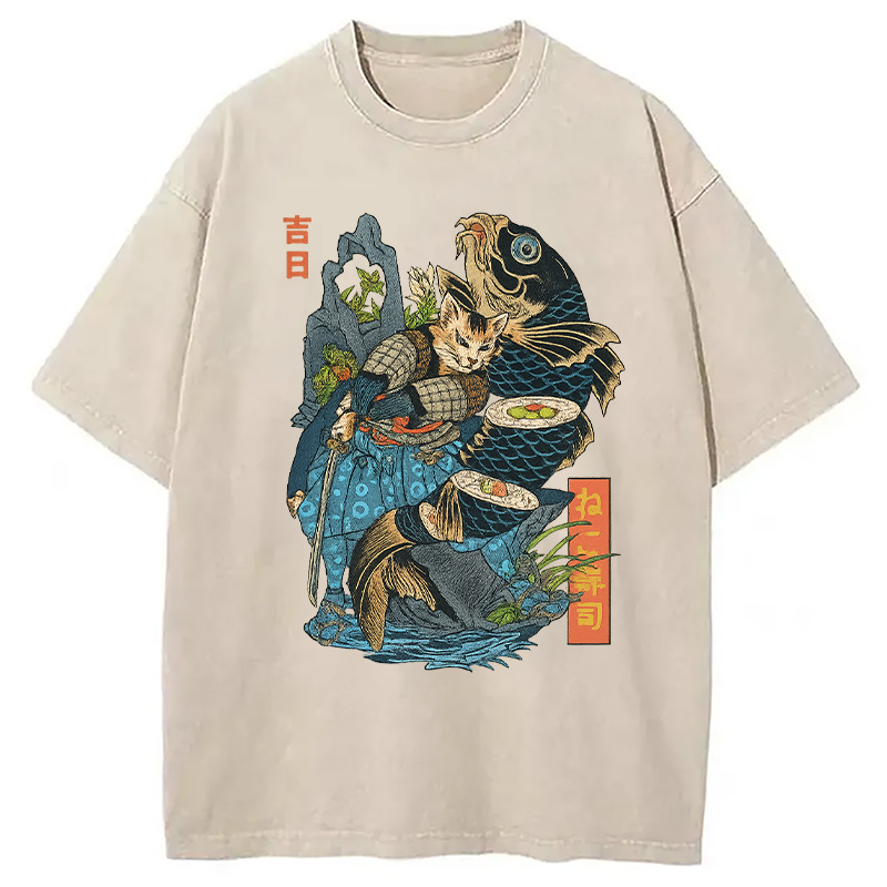 Tokyocanvas Neko Sushi Washed T-Shirt
