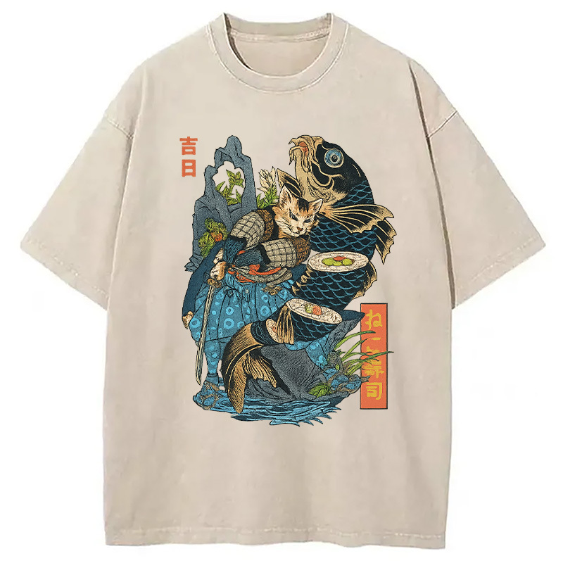 Tokyocanvas Neko Sushi Washed T-Shirt