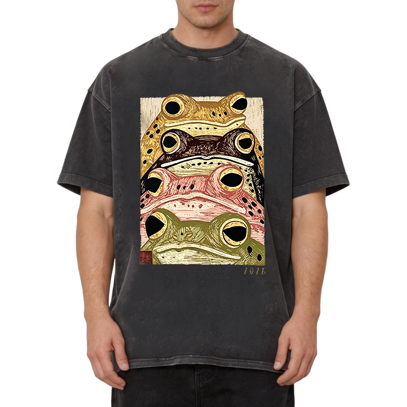 Tokyocanvas Whimsical Multi Colored Frog Art Washed T-Shirt