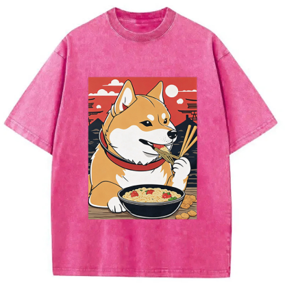 Tokyocanvas Cute Shiba Inu Dog Eating Ramen Washed T-Shirt
