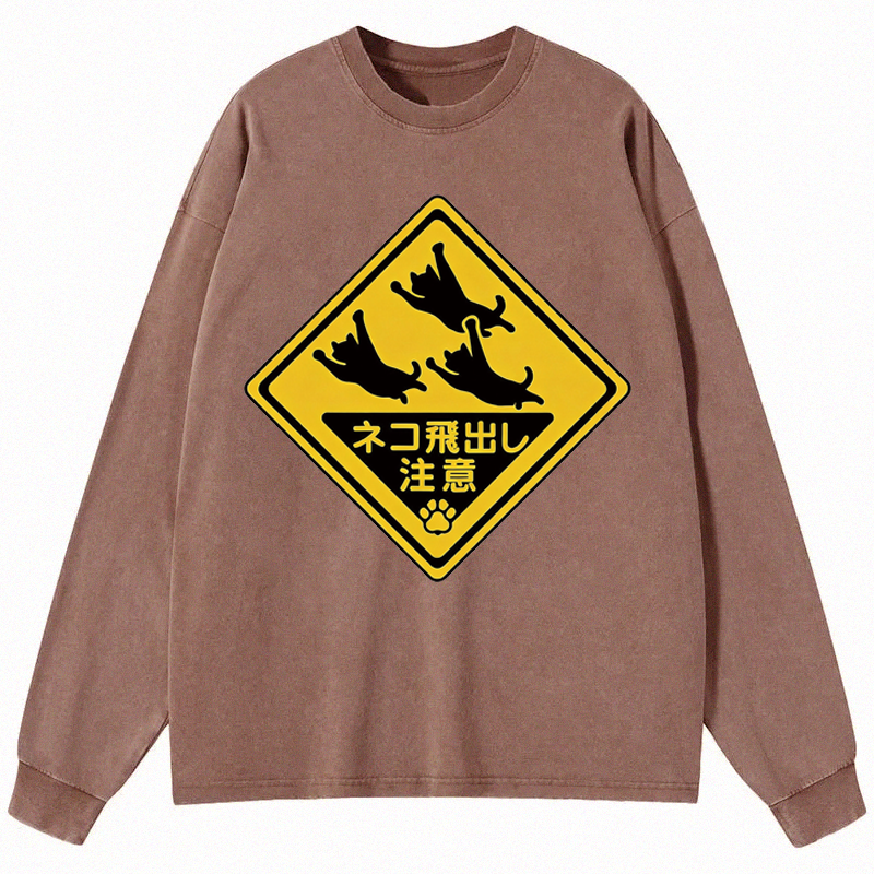 Tokyocanvas Cat Jumping Out Long Sleeve Washed T-Shirt