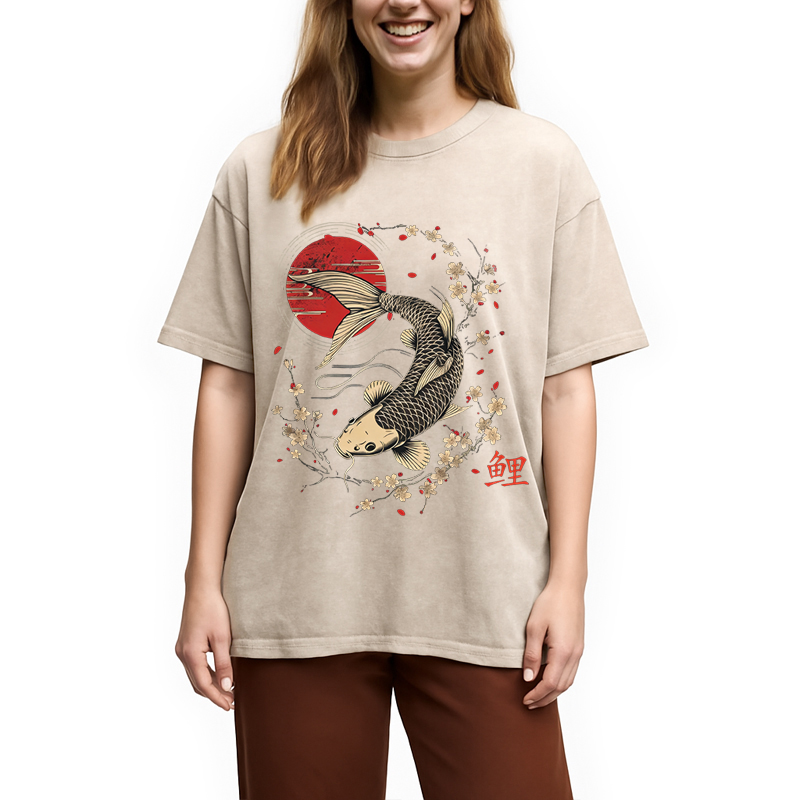 Tokyocanvas Kersenbloesem Koi Karper Washed T-Shirt