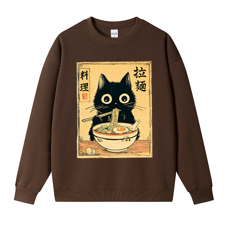 Tokyocanvas Cute Black Cat Eating Ramen Fleece Lined Sweatshirt